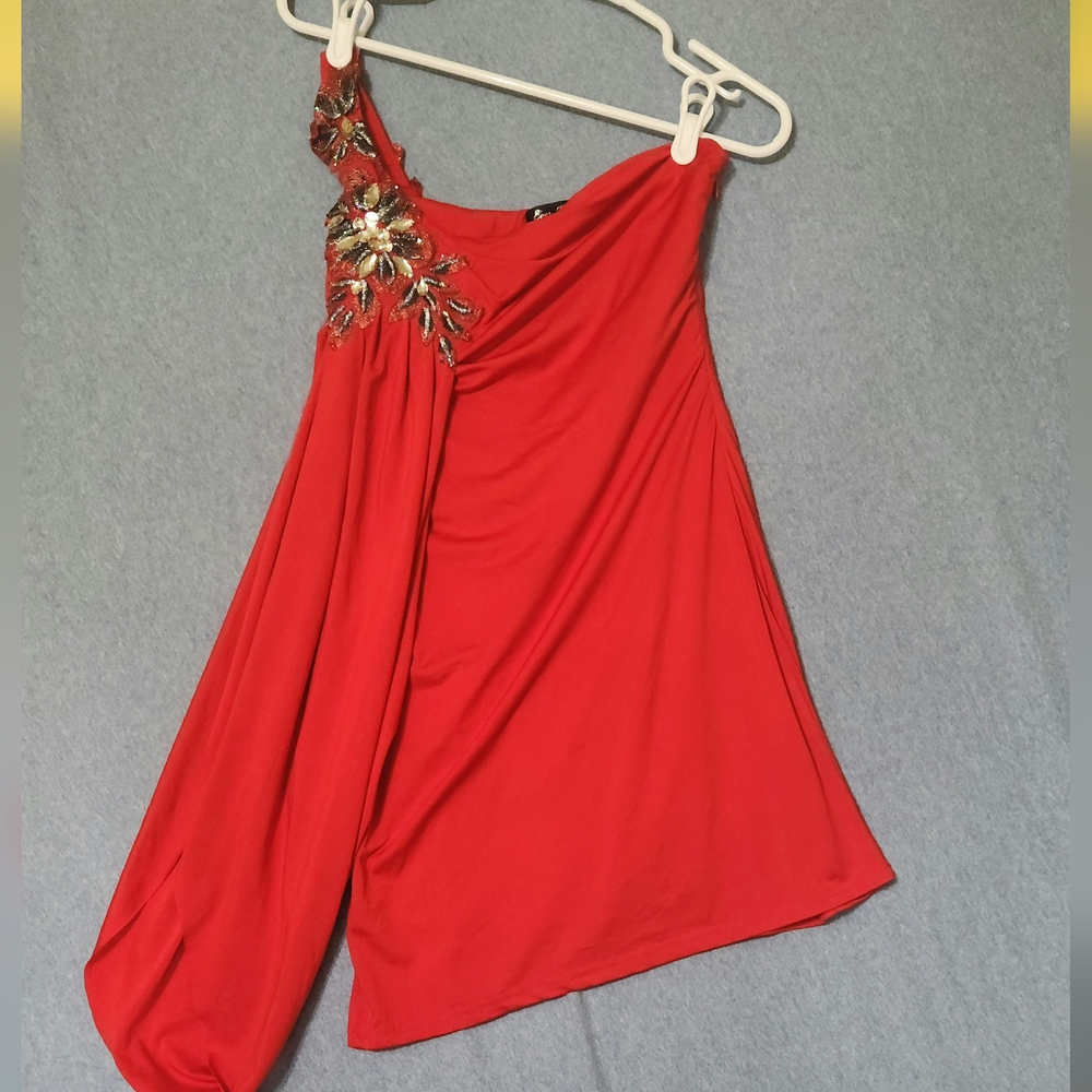 Ever Pretty red jeweled one shoulder mini dress. Sash. Zip side